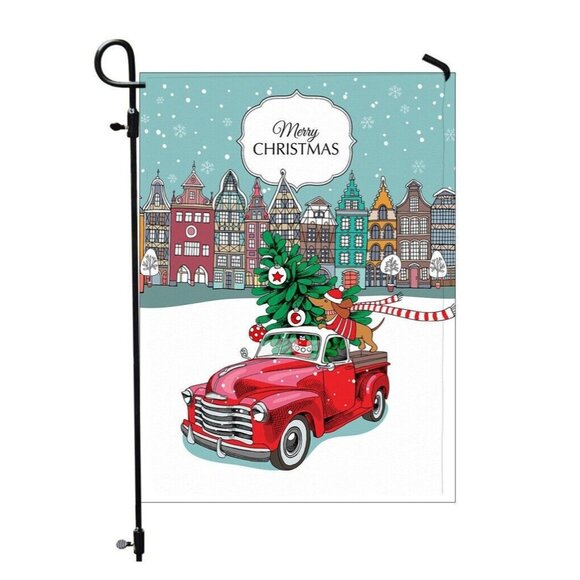 Merry Christmas Double 2 Sided Garden Flag with Dachshund Dog in Red Truck NEW - Picture 1 of 7